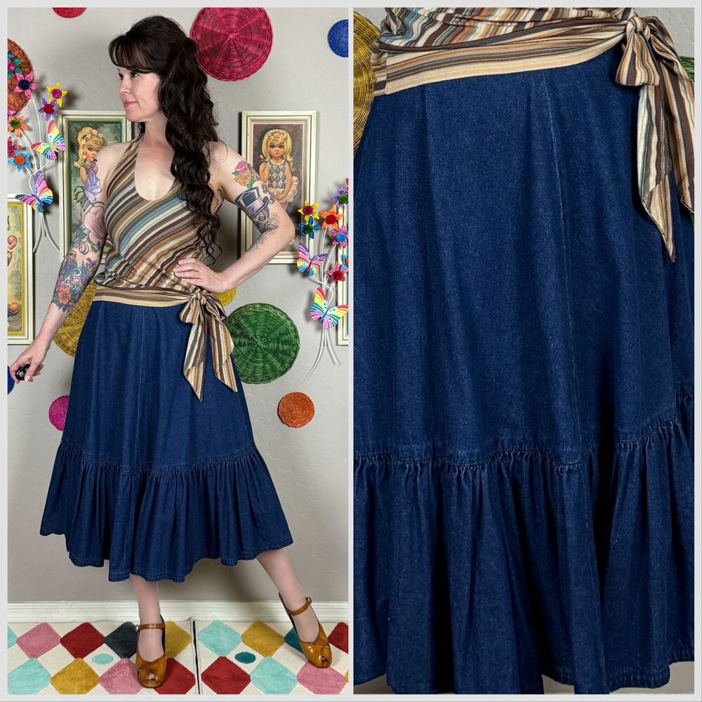 Vintage 1970s High Waist Dark Wash Ruffle Denim Midi Skirt